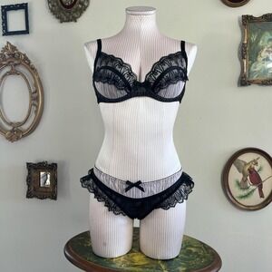 Agent Provocateur Black Lace Sheer Bra & Ruffle Panty Lingerie Set Bra 34DD